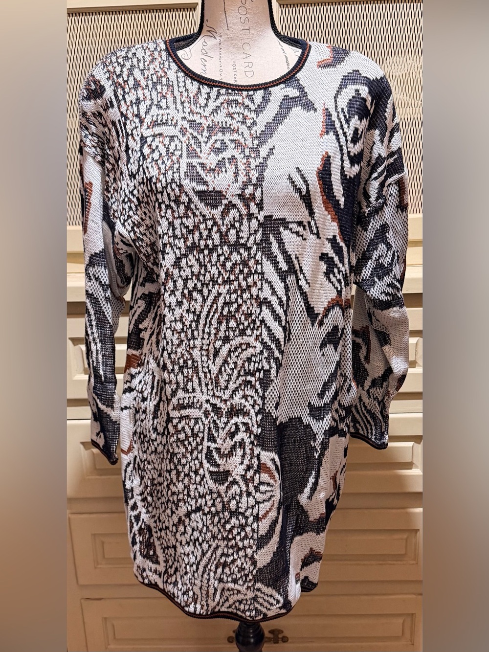 Vintage 80s Escada Cotton Blend Abstract Tiger Tunic Sweater